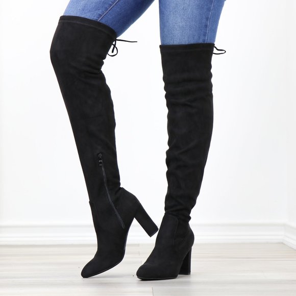 Black Thigh High Over The Knee  Block High Heel Boots Pointy Toe Faux Suede - Picture 13 of 15